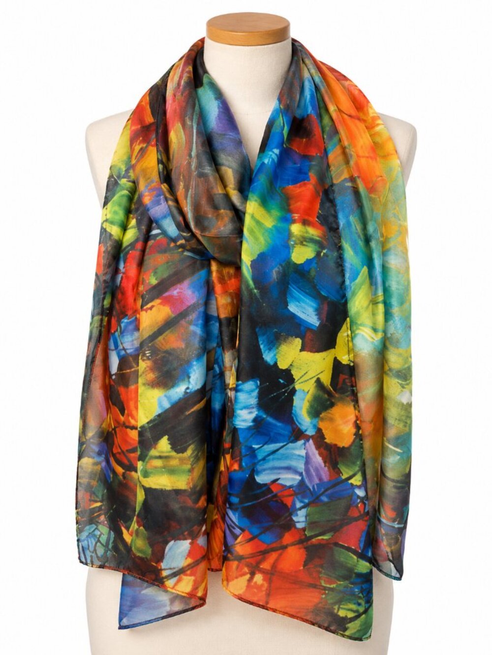 Abstract Art Scarf by Cleo – 2010s – Multicolor Silk Feel – Painterly Pattern - Picture 4 of 12